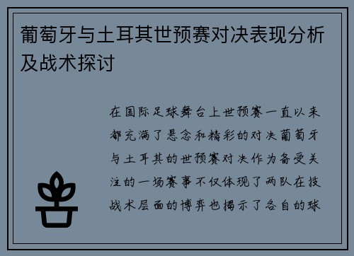 葡萄牙与土耳其世预赛对决表现分析及战术探讨